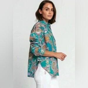 NWT Hinson Wu Gemma Long Sleeve Teal Paisley Print Shirt